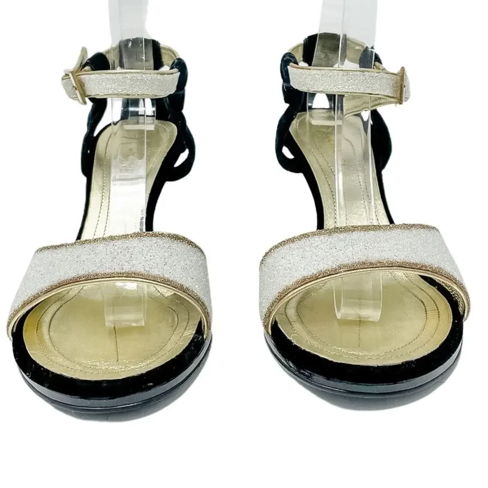 Chanel Vintage Black Velvet Champagne Glitter Evening Sandals size 37.5C